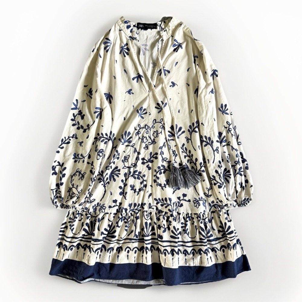 Zara Cream Midi Dress with Navy Floral Border